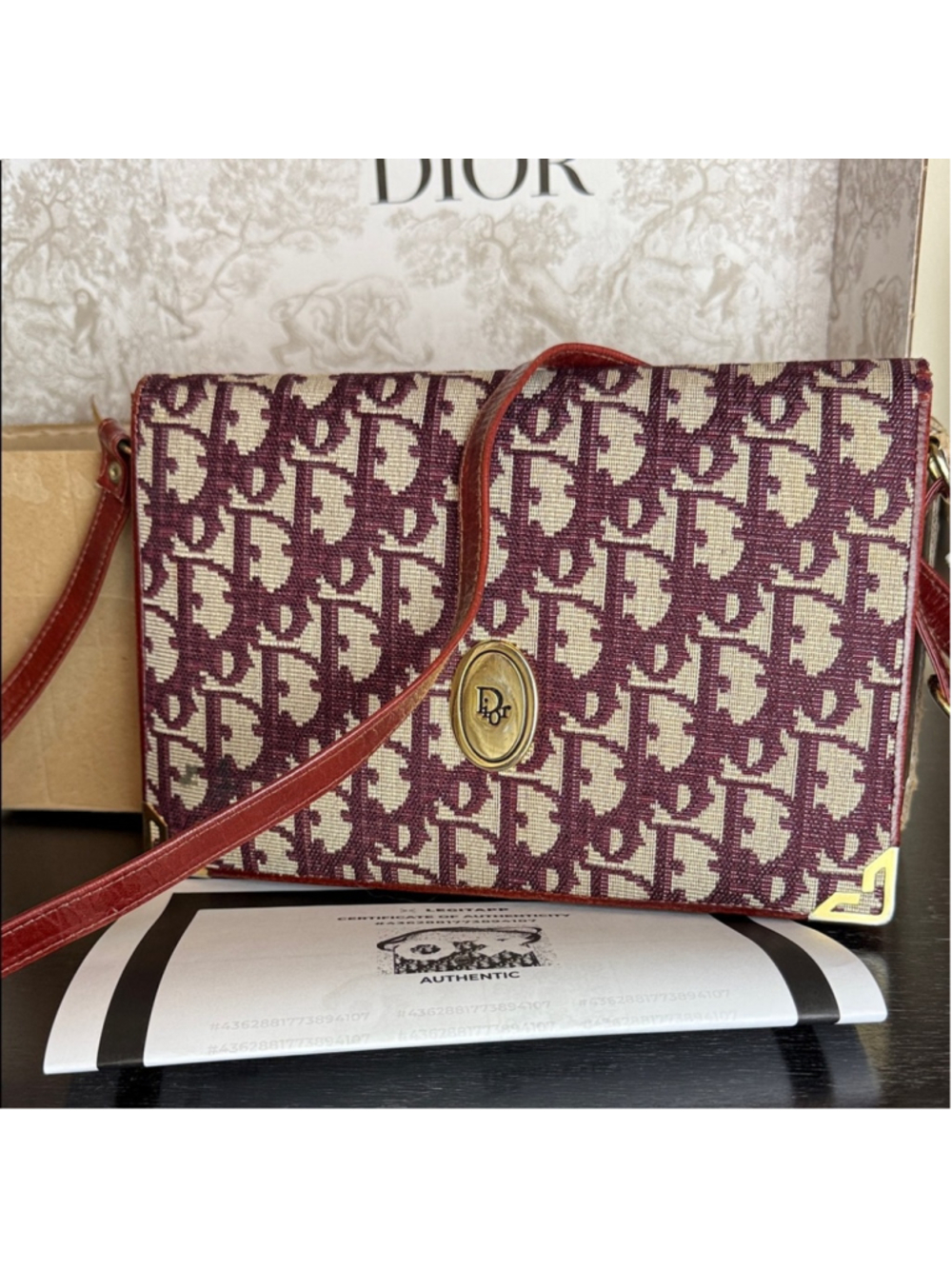 Christian Dior Trotter Oblique Flap Shoulder Bag Burgandy Leather Canvas Vtg COA